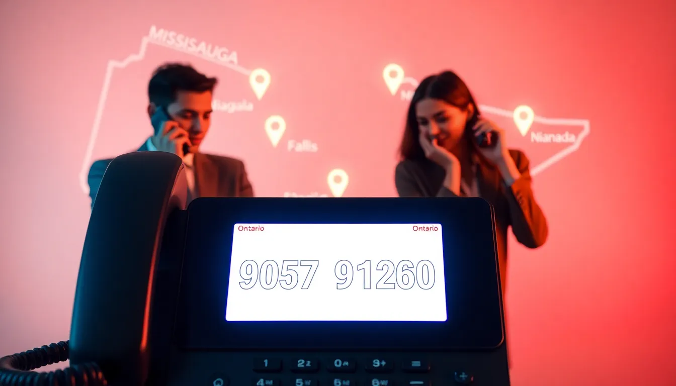 Digital representation of the phone number 9057591260 overlaid on a map of Ontario.
