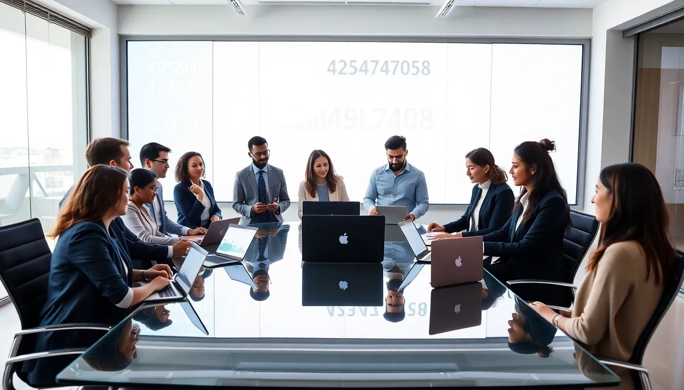 diverse professionals discussing numerical patterns in a modern office.